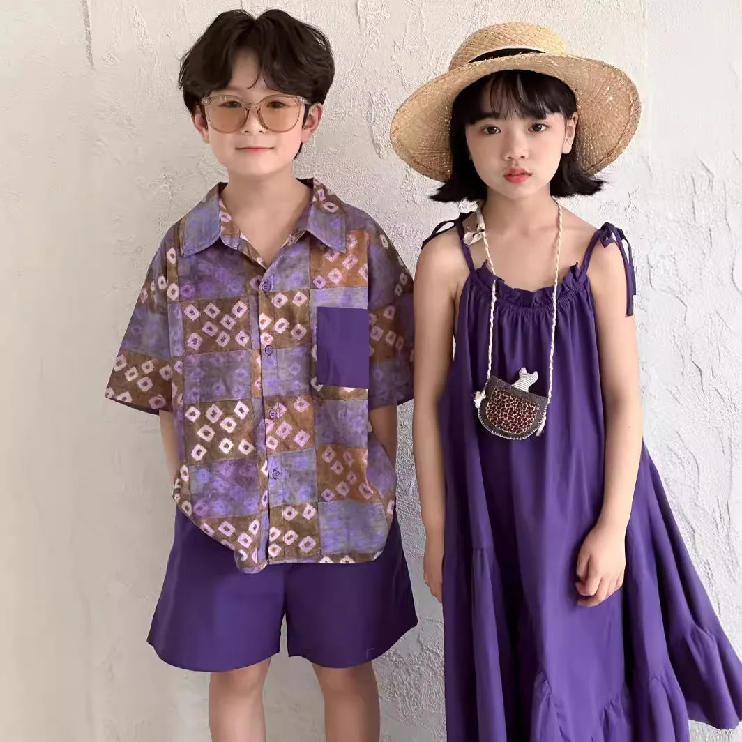 Summer Children Siblings Look Clothes Cotton Argyle Patched Shirt Solid Loose Shorts Babys Boy Suits Pure Color Strap Slip Dress