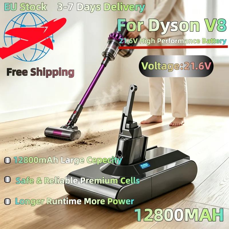 Batterie 21,6V 12800mAh pour aspirateur Dyson série V8, batterie de remplacement Li-ion compatible avec V8 Absolute Animal Motorhead SV10 avec protection, stock européen, livraison gratuite