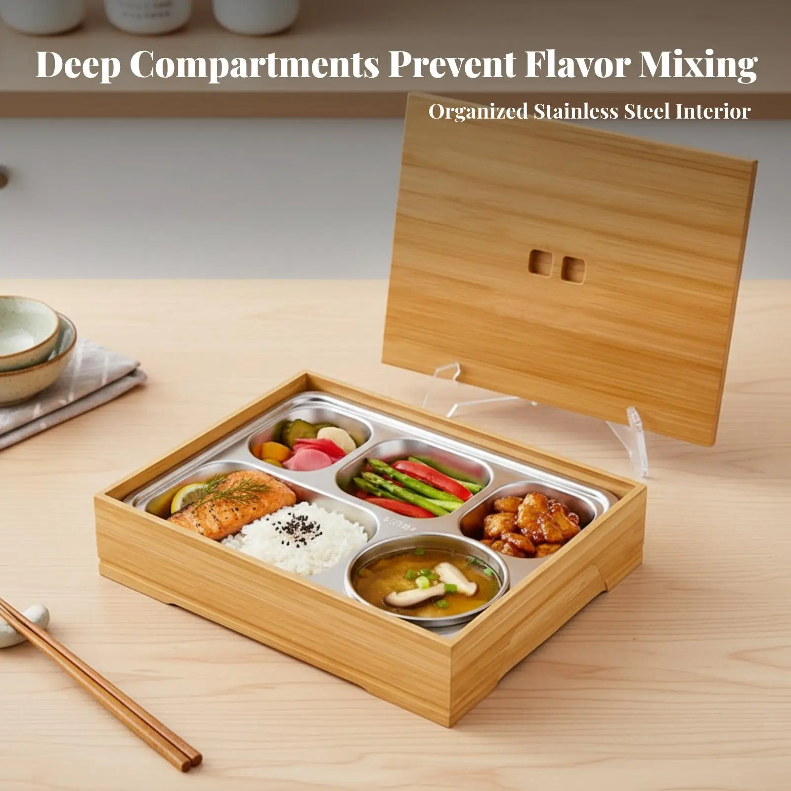 Meal Container with Stainless Steel Tray | Wood Appearance, Compartmented Interior Layout, for Office