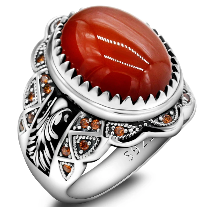 خاتم فضة Türkiye S925 فضة الطبيعية الأحمر العقيق الرجال خاتم البتلة خطوة تصميم قسط مجوهرات ريترو فاخر شريك هدية المرأة