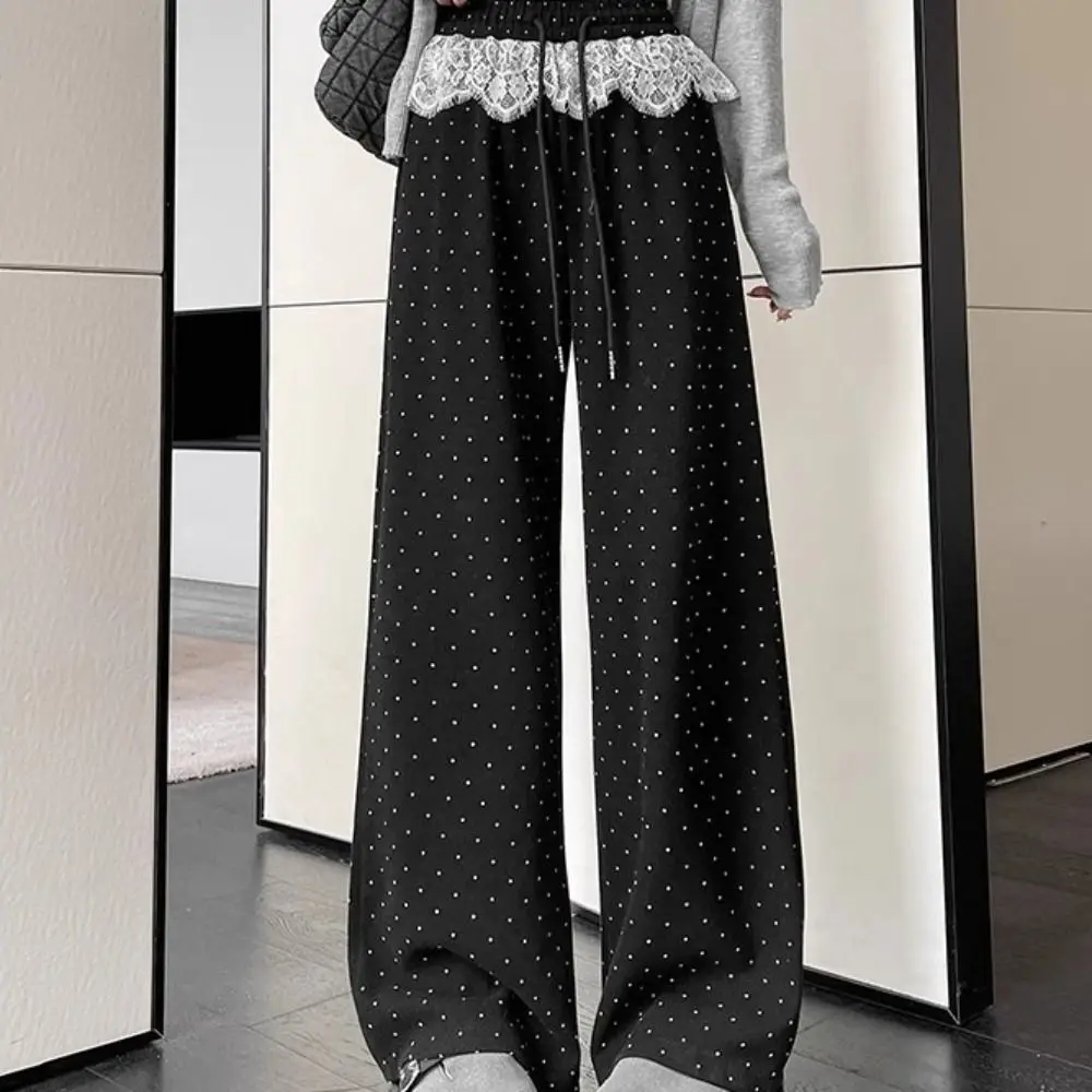 

Soft Lace Straight Leg Pants High Waist Streetwear Women Casual Pants Trousers Drawstring Wide Leg Loose Pants Female