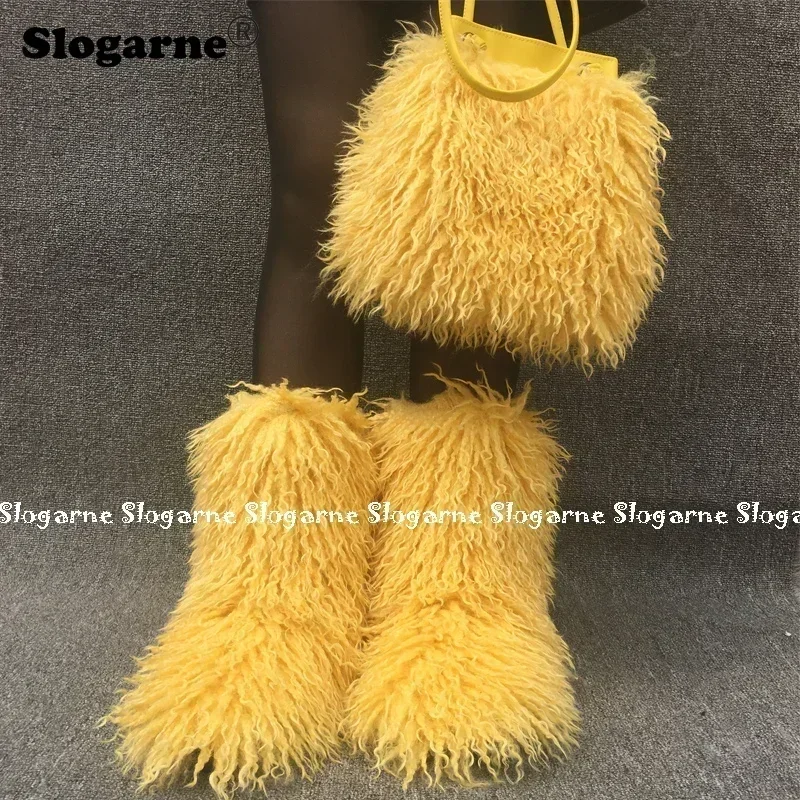 2024 Fashion Faux Wool Fur Handbag Women Outdoor Y2K Mongolian Fur Boots Woman Luxury Furry Shoulder Bags Fluffy Curly Snow Boot