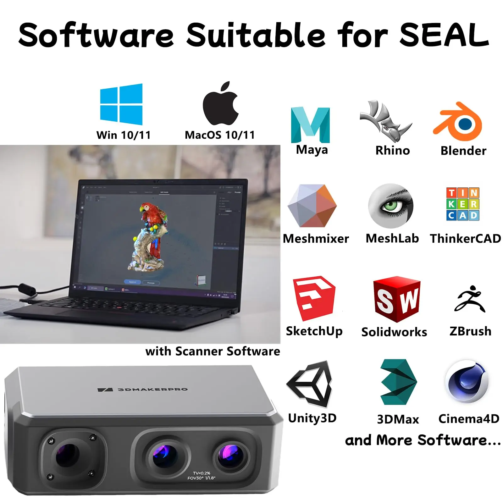 Imagem -06 - Portátilseal Lite para Impressão 3d Precisão Alta Detalhada de 002 mm com Lentes Antivibração Scanner Modelo 3d para Windows Macos Scanner3d