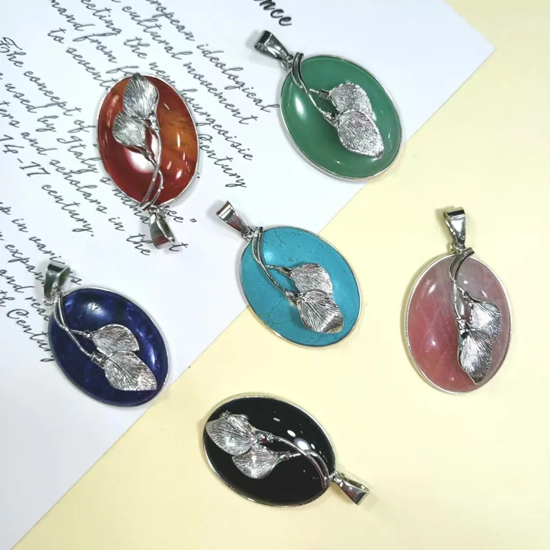 Popular Copper-edged Oval Rose Quartz Synthetic Pine Black Agate and Red Agate Pendant Necklace