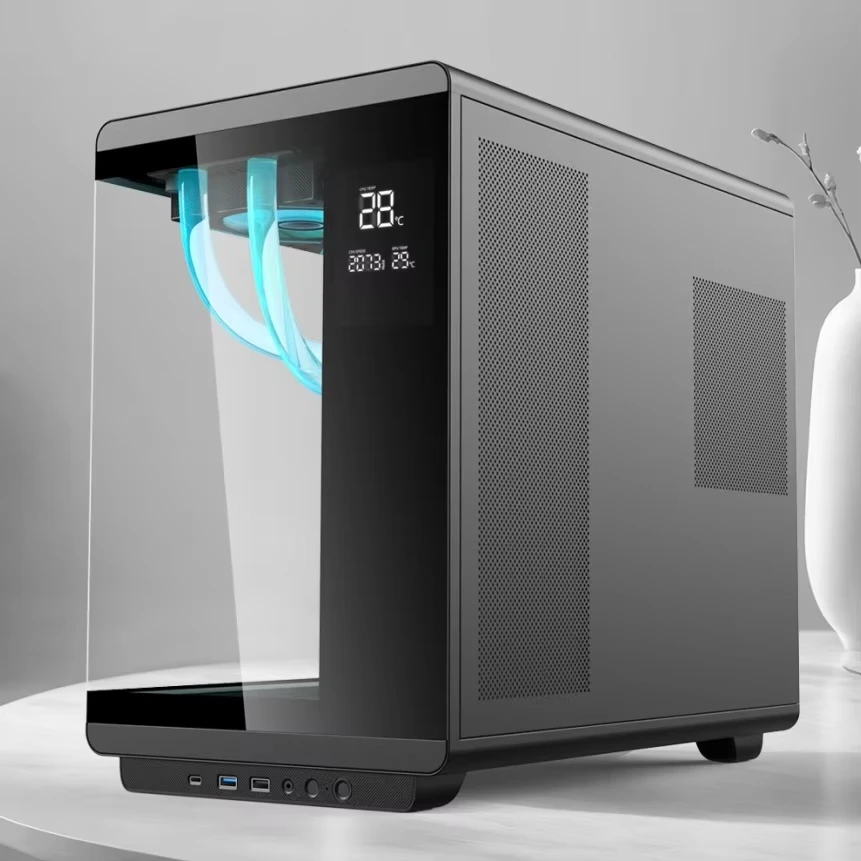 حافظة كمبيوتر للألعاب ATX من الزجاج المقسى تدعم برج كامل 360 درجة حافظة كمبيوتر مكتبي مع شاشة عرض LCD #5