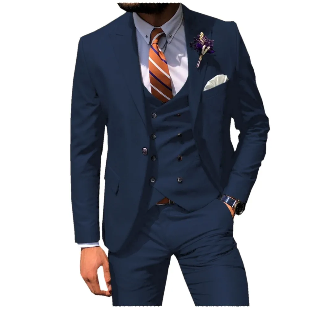 

Dark Blue Men Suits Slim Fit 3 Piece Peaked Lapel Groom Prom Wedding Tailor Made Formal Business Tuxedo Male Blazer With Pants