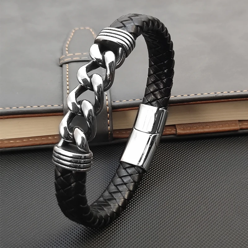 

MingAo Luxury Chain Leather Braid Men Bracelet Stainless Steel Buckle Business Men's Bangles for Friend Partner Lovers Gift