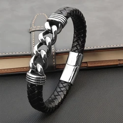 MingAo Luxury Chain Leather Braid Men Bracelet Stainless Steel Buckle Business Men's Bangles for Friend Partner Lovers Gift