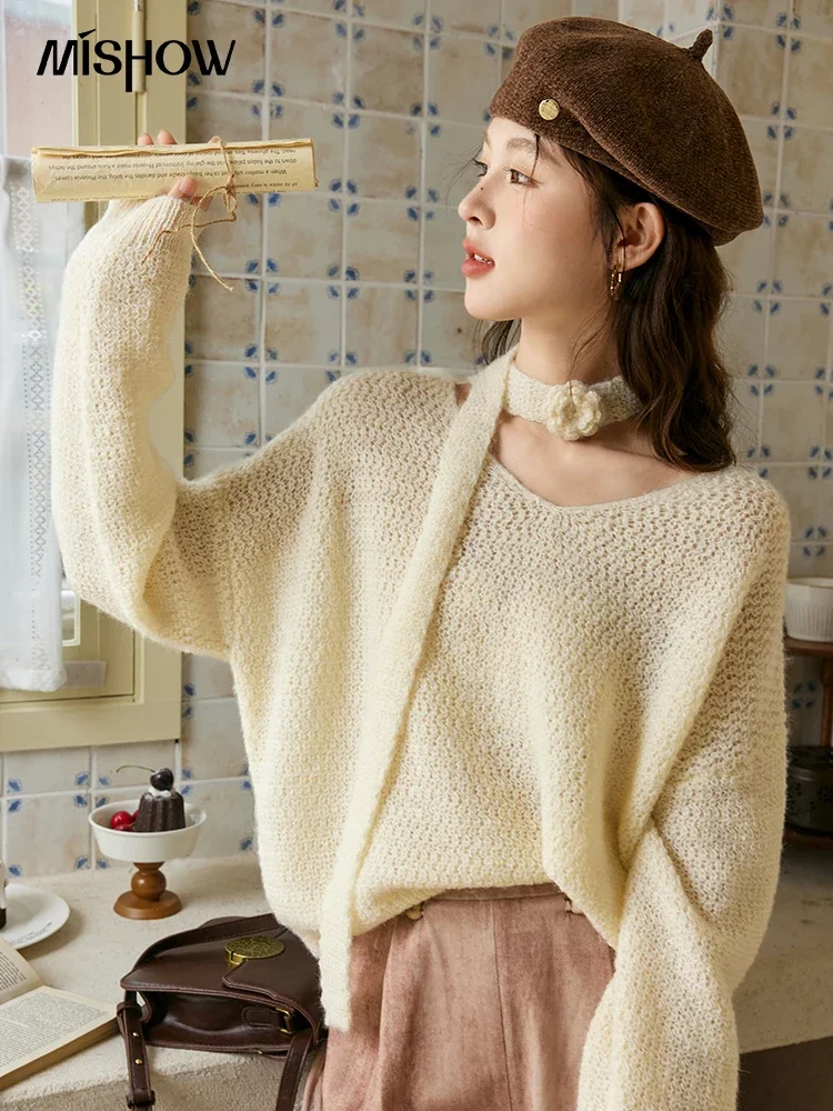 MISHOW Knitted Wool Sweater Women Autumn 2024 V-neck Threaded Cuffs Sweaters Casual Loose Manual Flower Lace-up Top MXD42Z0763