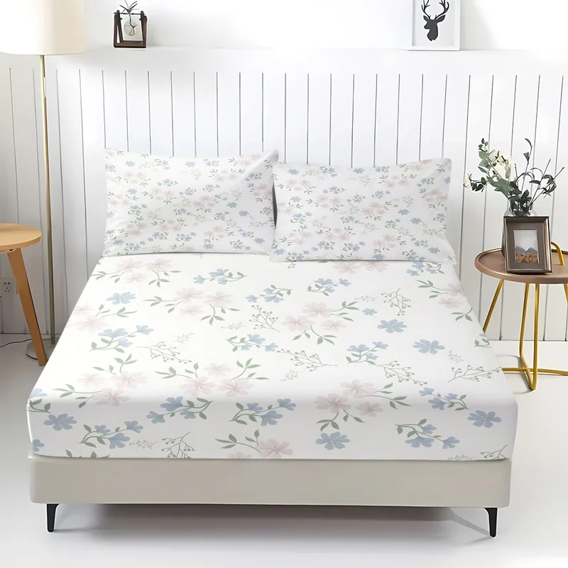 3Pcs Polyester Fitted Sheet Set,Deep Pocket,Durable,Soft Polyester Fabric,Pastel Blue Pink and Green Floral Print