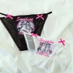 SP&CITY Y2K Sweet Girl Cat Printed Cute Underpants Women's Low Waist Bow Mesh Hollow Out Panties Cotton Crotch Breathable Briefs