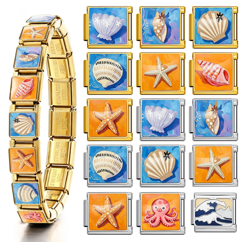 URING Original Design Sommer Seestern Muschel Oktopus DIY Italienischer Charm-Anhänger passend für 9mm Armband Edelstahl Schmuck – Detail 1