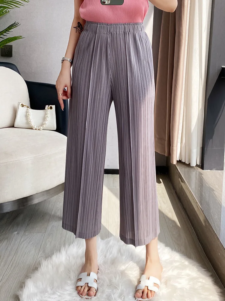 YUDX Women Pleated Pants Solid High Waist Wide Leg Cropped Trousers Loose Elastic Casual Style 2023 New Summer Fashion