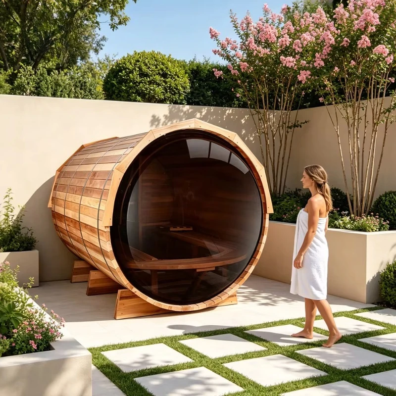Custom Panoramic View Red Cedar Sauna, Elite Grade Single Piece Outdoor Barrel Sauna with Safety Enabled Function Customized