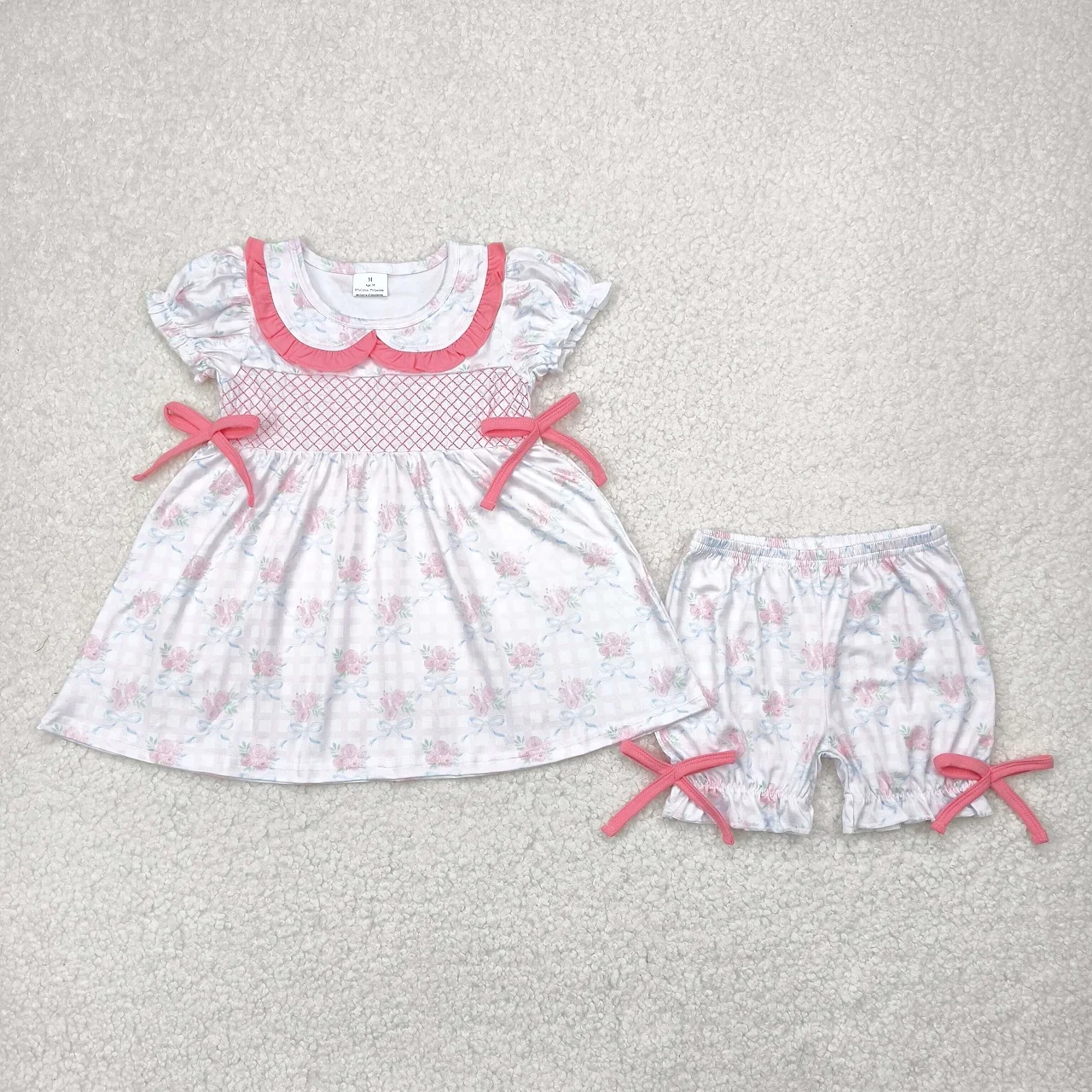 

Wholesale Baby Girl Toddler Embroidery Plaid Short Sleeves Tunic Children Kids Set Bows Flower Ruffle Shorts Clothes Outfit