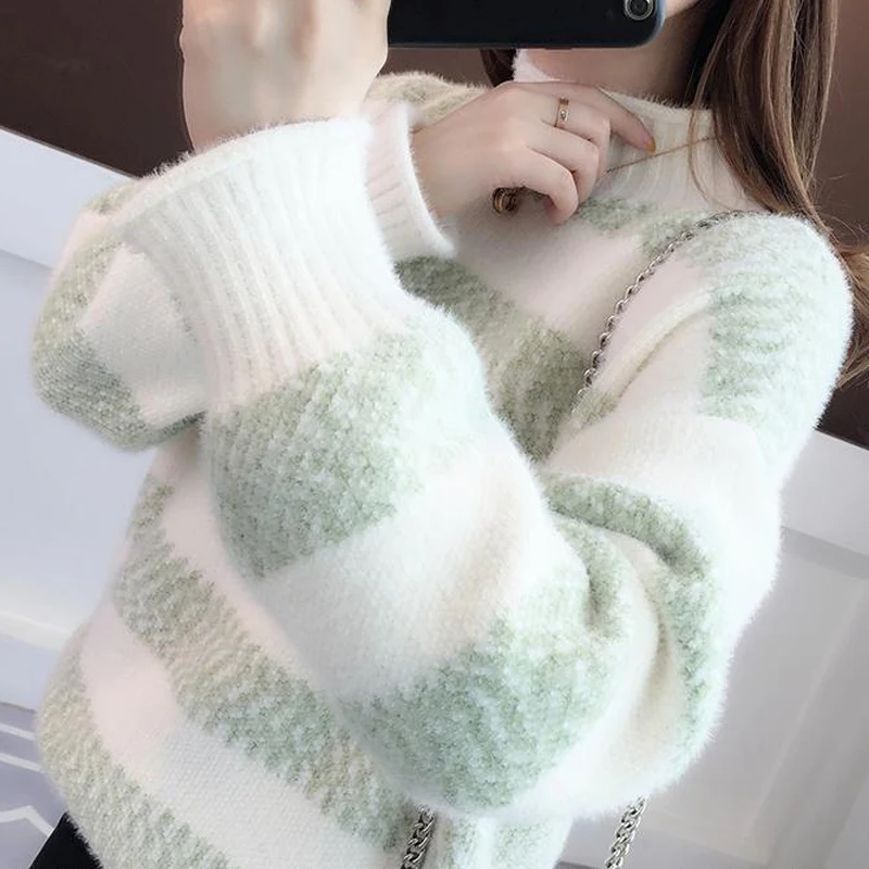 Women Trendy Striped Casual Streetwear High Collar Thick Soft Knitted Sweater 2023 Autumn Winter Long Sleeve Loose Pullover Tops