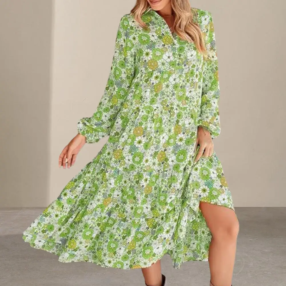 

Casual Loose Fit Dress Bohemian Style V Neck Midi Dress with Flowy Hem Long Sleeves for Daily Wear in Fall Spring Bohemian Dress