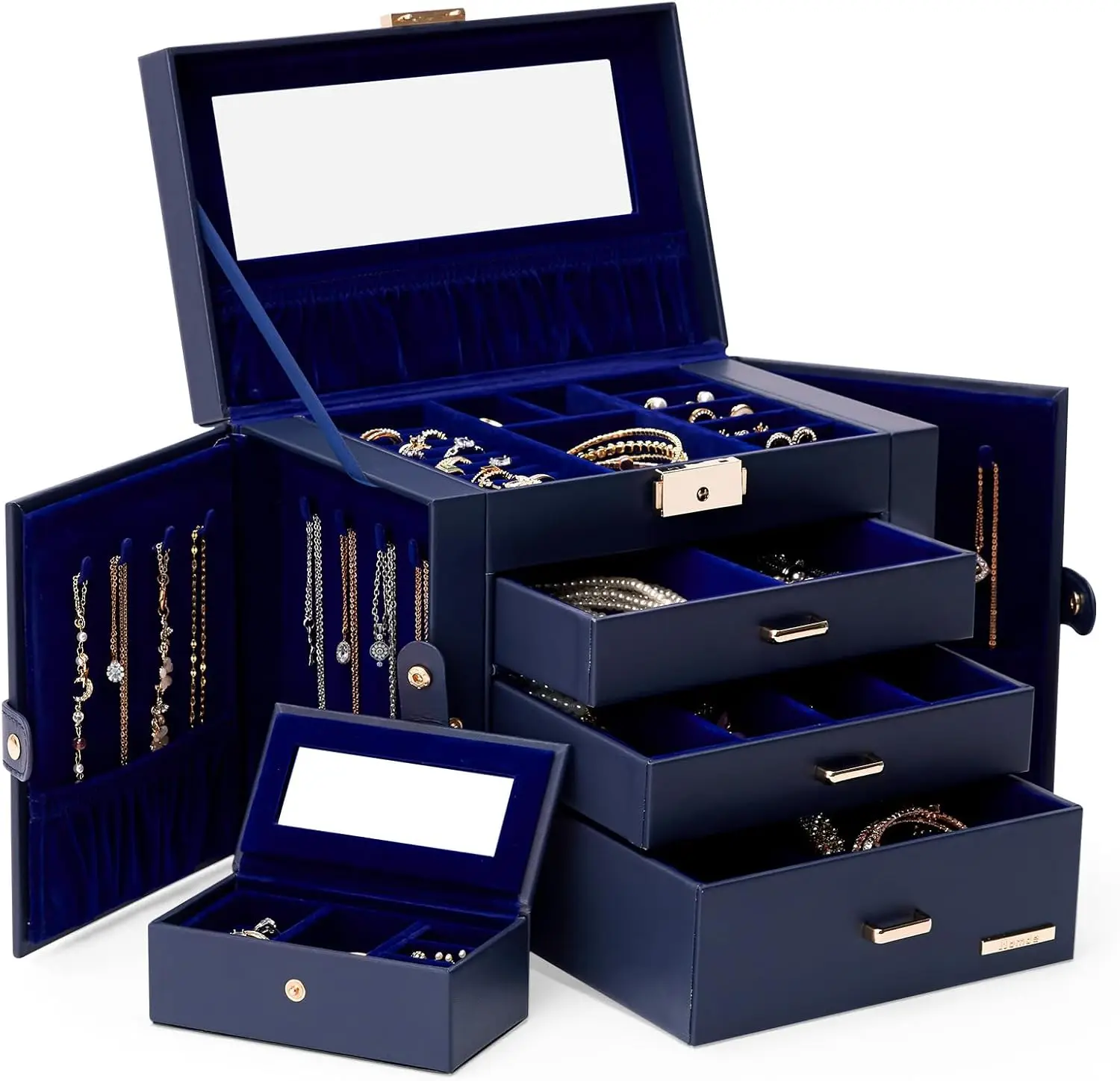 

2 in 1 Jewelry Box for Women Girls with Small Travel Case Mirror Necklace Ring Earrings Organizer (Dark Blue + Gold)
