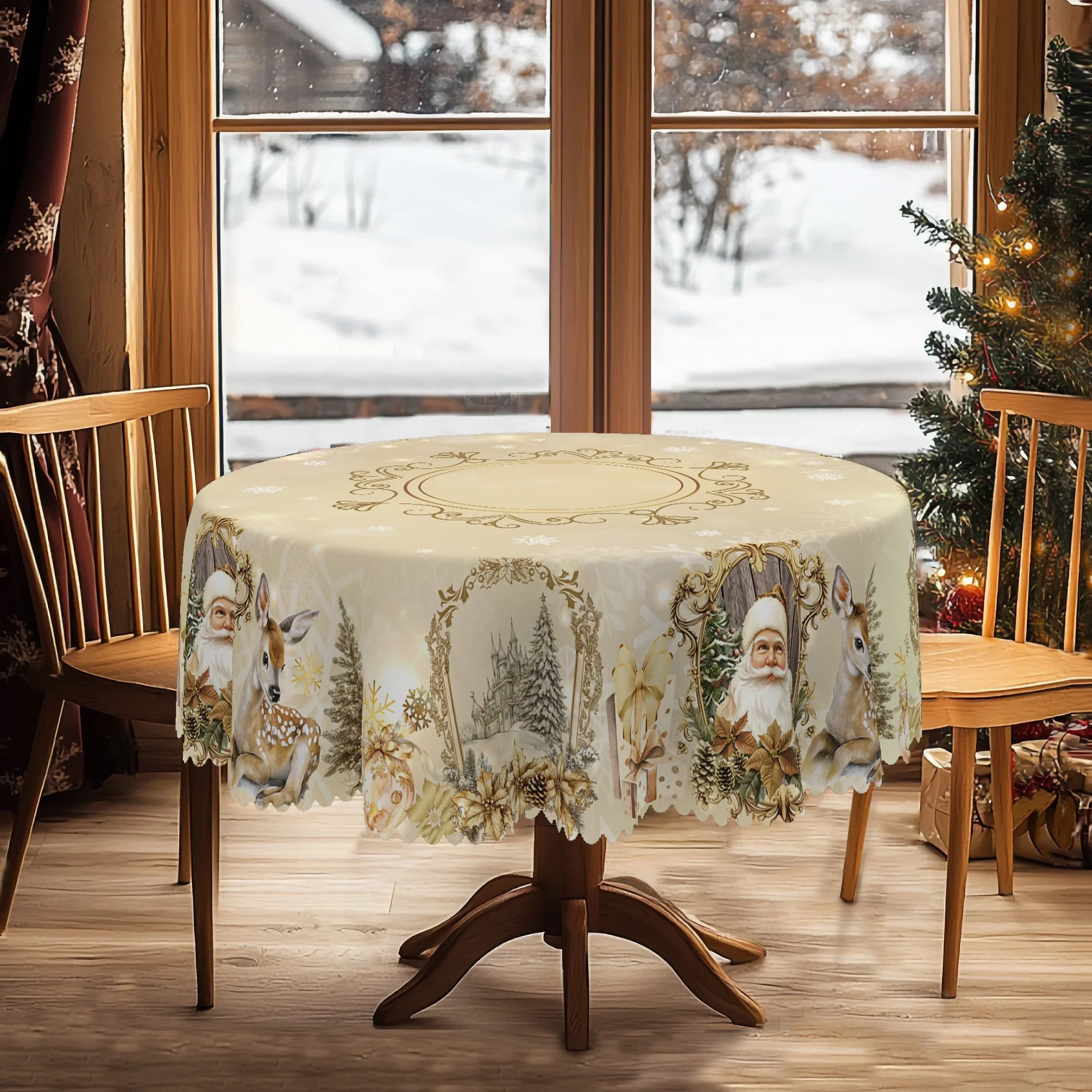 Retro Santa Claus and Reindeer Christmas Tablecloth - Gold color, embossed edgeszyc