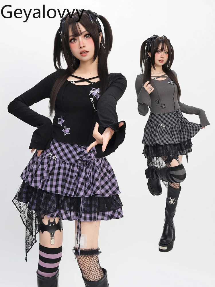 Atasan Anak Perempuan Lucu Manis Baru Musim Semi dan Musim Gugur Kaus Lengan Panjang Pendek Pelangsing dan Setelan Rok Mini Renda Kotak-kotak Pinggang Tinggi