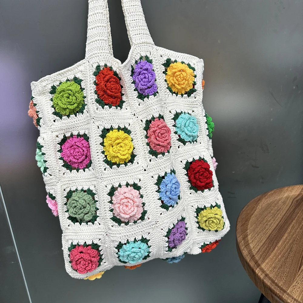 Imagem -04 - Original Praça Handmade Crochet Beach Bolsa 3d Rose Flores Grande Capacidade Bolsas de Compras Tote de Ombro Colorido Presente Clássico