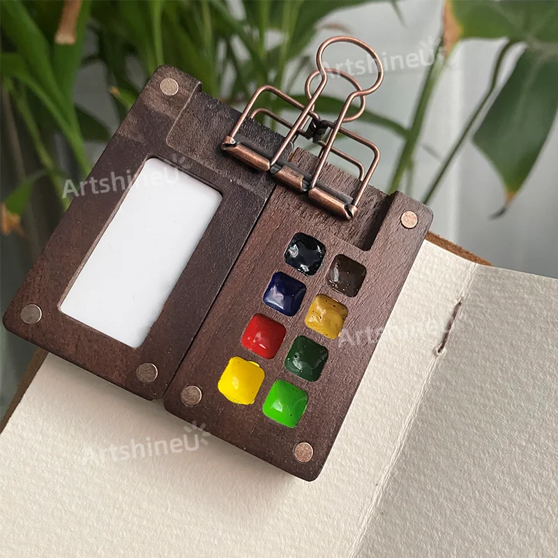 8 Grids 0.5ML Portable Travel Wooden Black Walnut Paint Box, Handmade Schmincke Watercolor Mini Paint Palette Tray With Clips