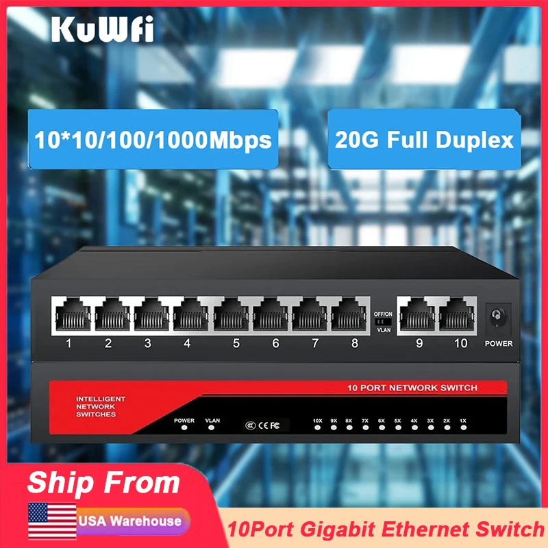 KuWFi 10 Port Gigabit Ethernet Network Switch 10 100 1000Mbps Ethernet Switch 8 Port Gigabit LAN 2 Uplink Port IEEE 802.3af/at