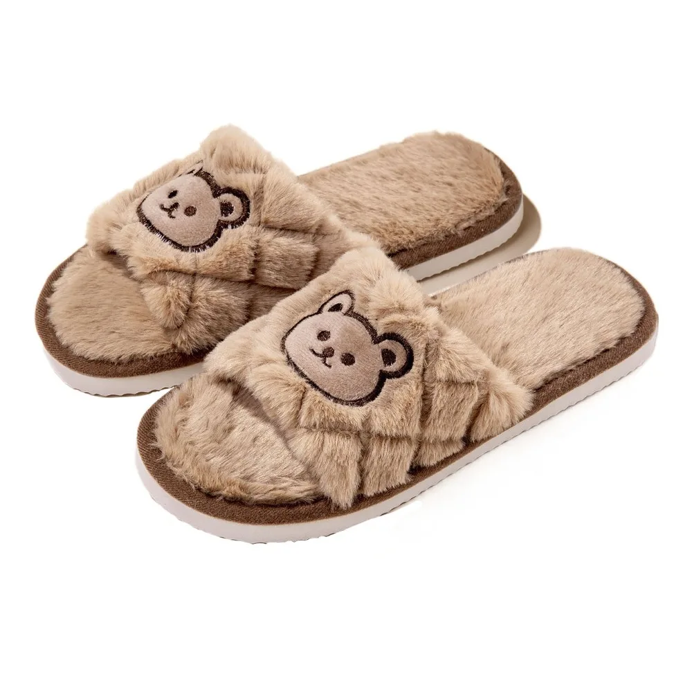 

Soft Fluffy Plush Bear Slippers Cartoon Anti-Slip Warm Slippers Winter Open-toe Thicken Flat Plush Shoes Men Women