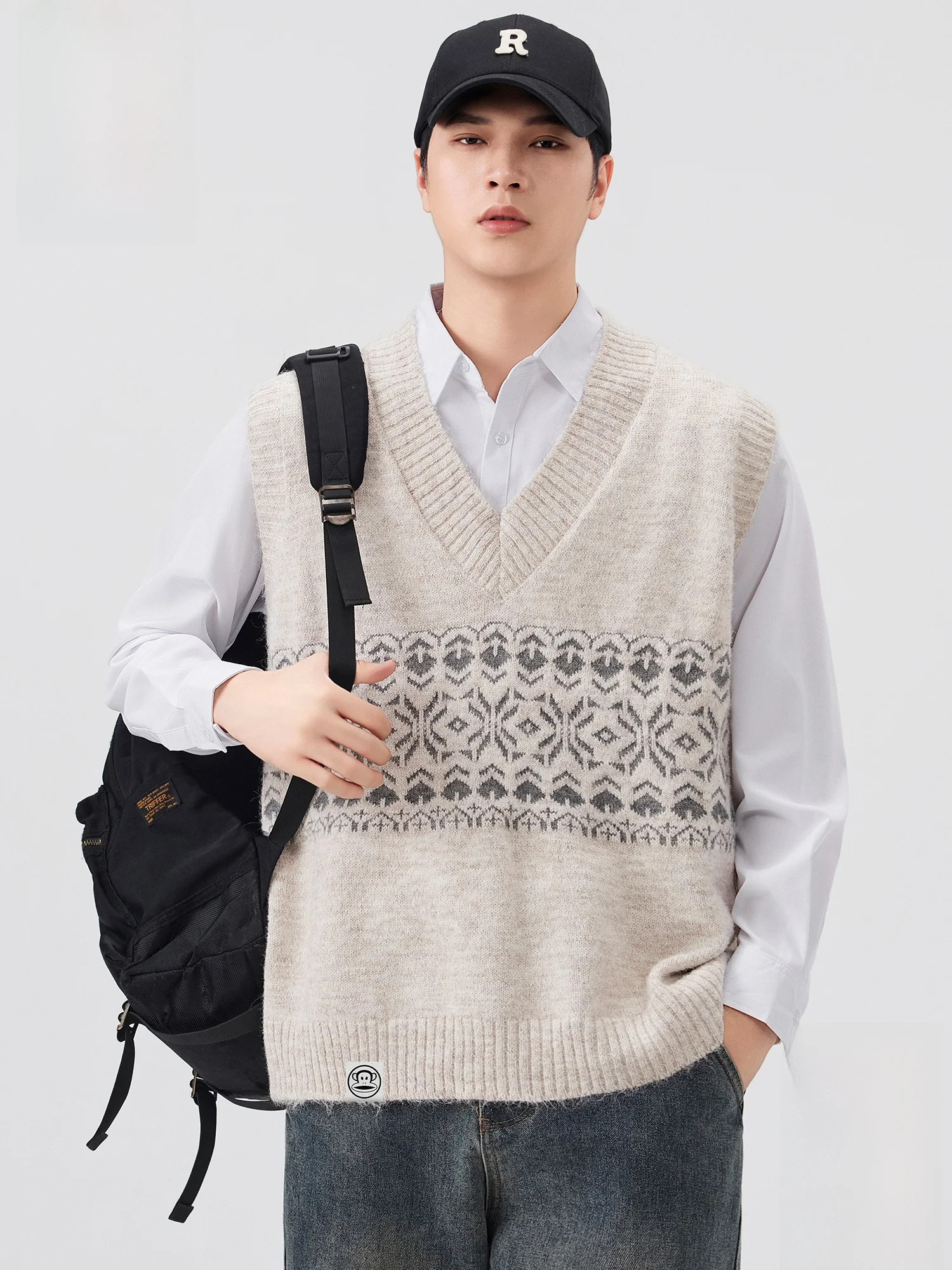 

PaulFrank College Sle V-Ne Wool Knitted Vest Men's Autumn Winter Layering Fair Isle Sweater Comfortable Mid-Thi Warmth