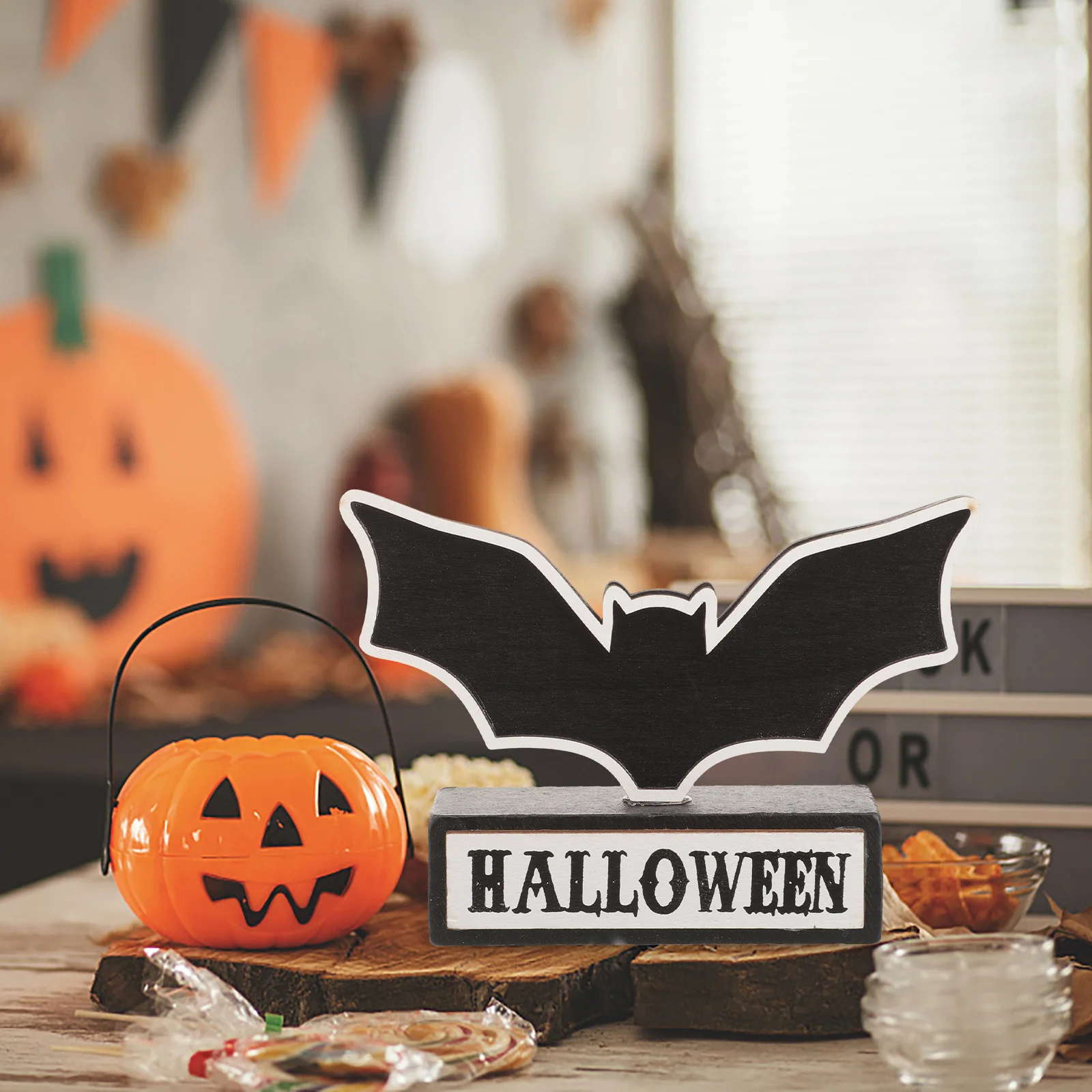 

Halloween Wood Desktop Sign Bat Rustic Tiered Tray Shelf Table Decoration Party Ornament Tabletop Decor