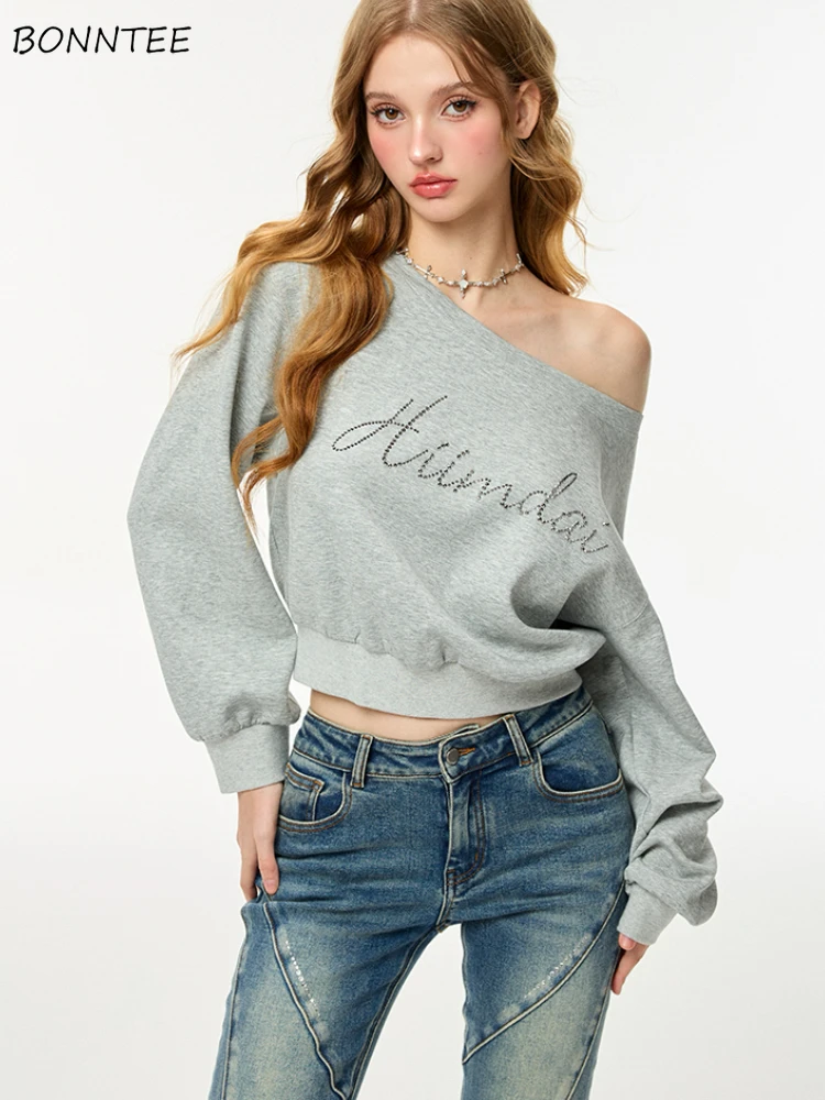 

Толстовки с открытыми плечами, женские свободные корейские модные мешковатые Y2k, уличная одежда High Street K Pop, повседневные толстовки с напуском Ins