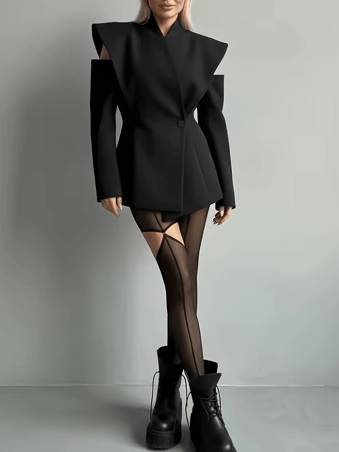 Women’s Blazer, Cold Shoulder High Neck Long Sleeve Slim Fit Jacket with Single Button, Black, 2026 Autumn