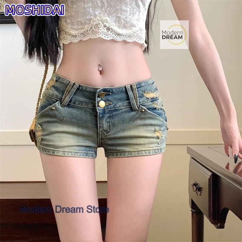 American Spice Girl Bow Embroidery Sexy Low Waist Slim Jeans Female Summer New Fashion Temperament Slim Straight Short Pants