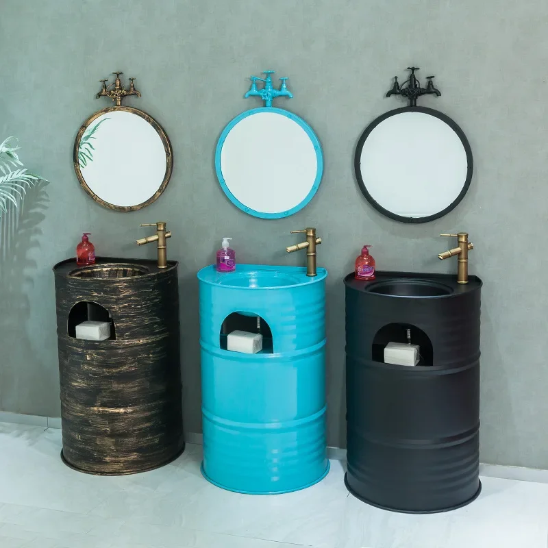 Industrial wind column wrought iron washing table round creative oil drum floor type washing table basin combination bathroom