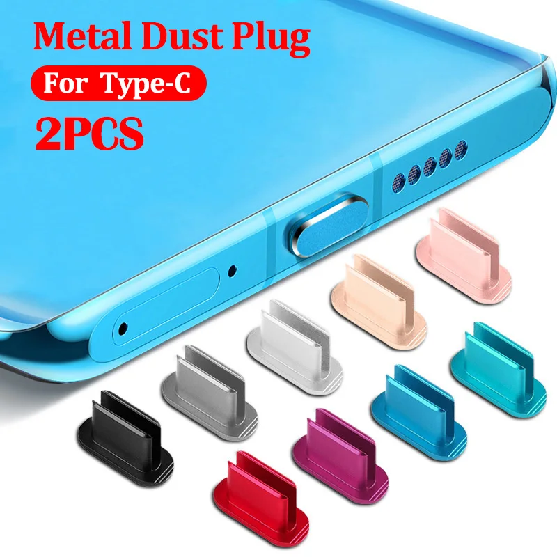 2pcs Metal Type-C Anti Dust Plug Aluminum Alloy Phone Charging Port Block Protector Stopper Cover Cap for Samsung Huawei Xiaomi