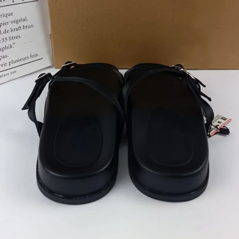 2025 Summer Women Flat Sandals Open Toe Black Casual Beach Shoes for Lady Thick Sole Platform Buckle Strap Outdoor Footwear
