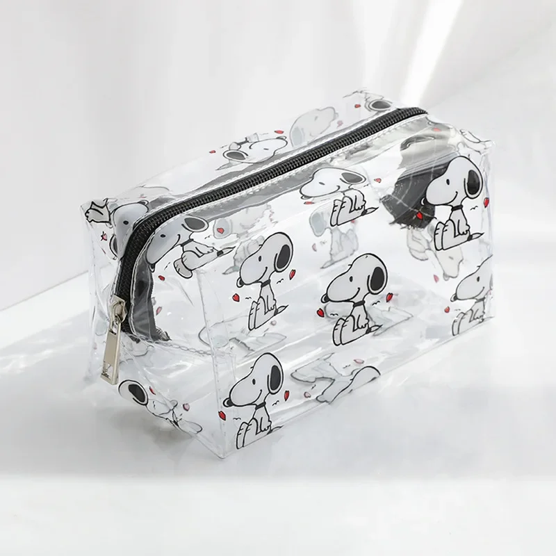 Snoopy-Bolsa de cosméticos transparente de PVC para mujer, estuche de belleza impermeable con cremallera, bolsas de aseo de viaje, estuche de lápices