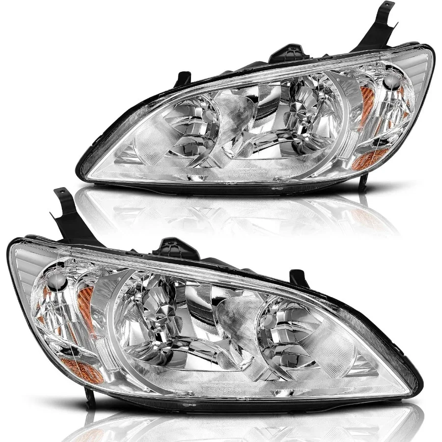 

Фара в сборе, совместимая с Honda Civic 2004 2005, хромированный корпус, прозрачные линзы, янтарный отражатель для улучшенной ночной видимости