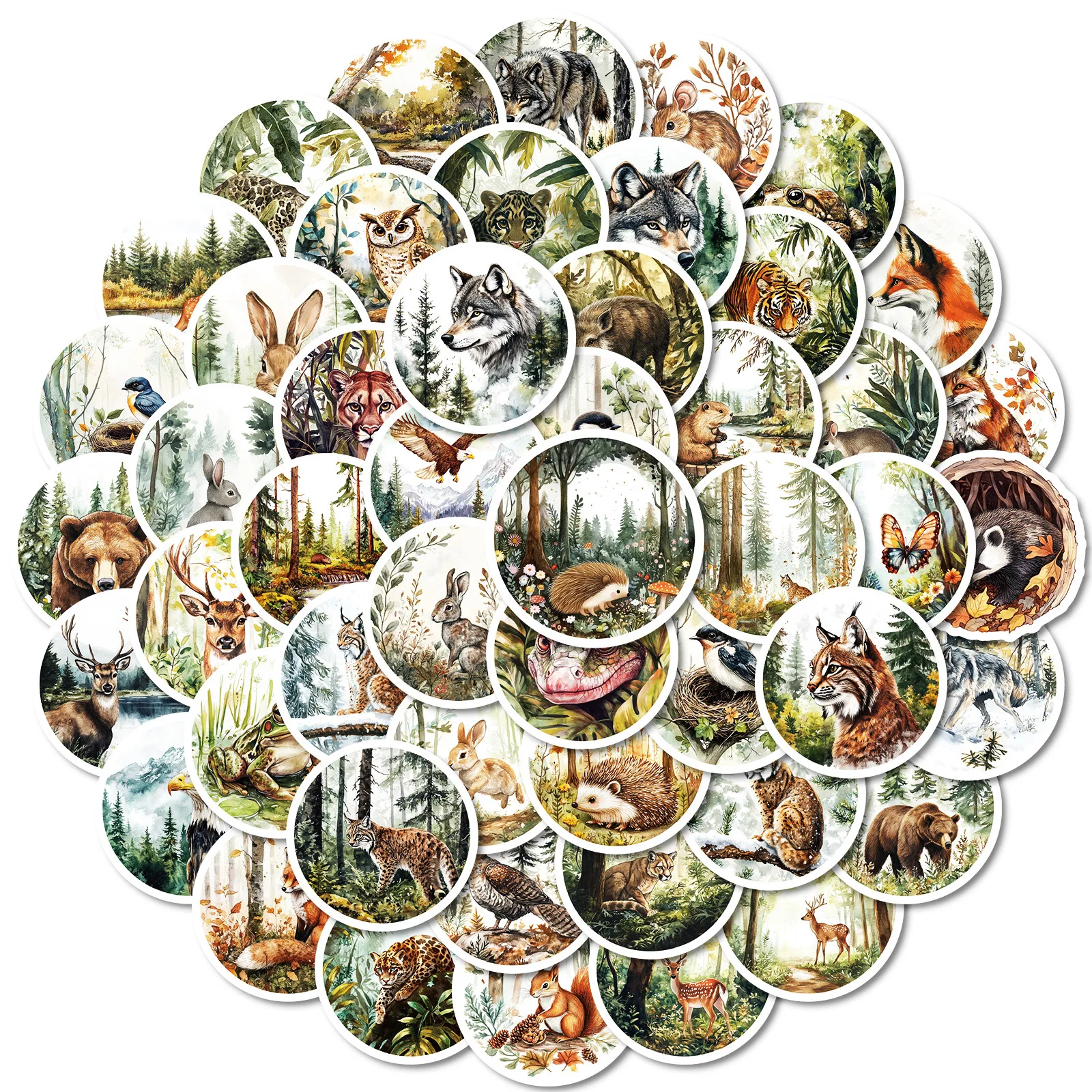 50 PCS Round Vintage Watercolor Animal Stickers, Tiger Fox Rabbit, Waterproof for Notebook Journal Laptop