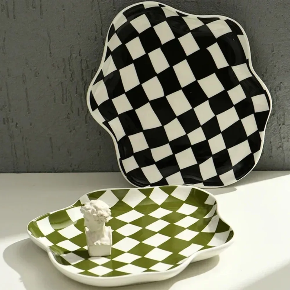 Ceramic Tray Checkerboard Jewelry Storage Plate Ring Earing Dessert Plate Home Decoration Retro Desk