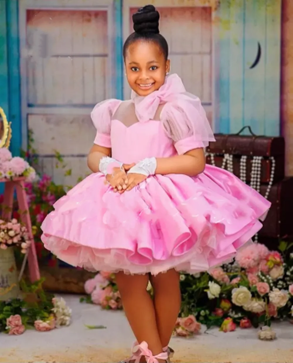 

Pink Flower Girl Dress For Wedding Puffy Knee Length Short Sleeves Cute Baby Kids Birthday First Communion Ball Gowns