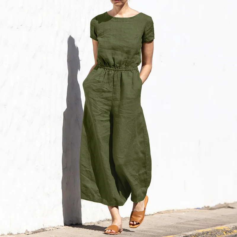 2024 Summer Cotton 3/4 Sleeve Rompers Casual Loose Tighten Waist Solid Work Long Playsuit Elegant Women Jumpsuits Retro Overalls