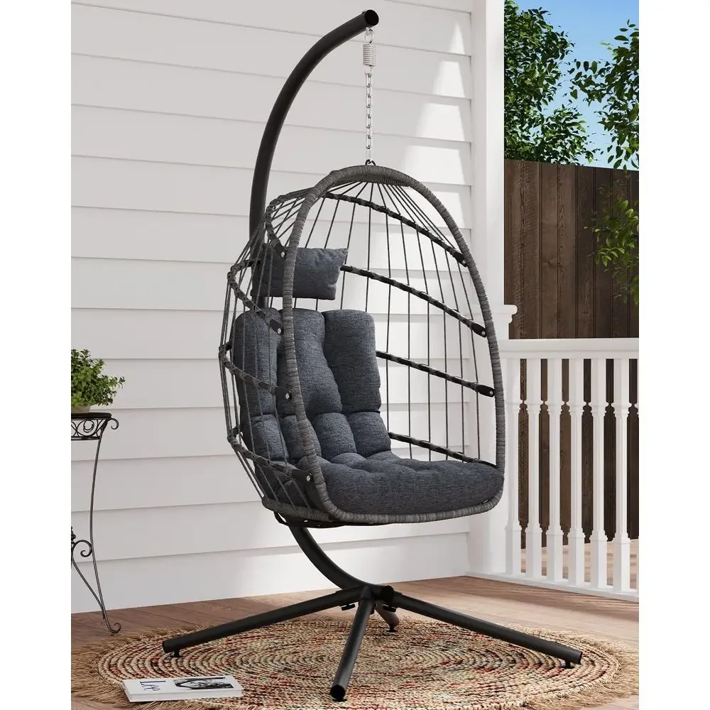 Outdoor & Indoor Hanging Egg Swing Chair with Cushion, 350lbs Capacity, Suitable for Patio, Bedroom, Garden - Grey