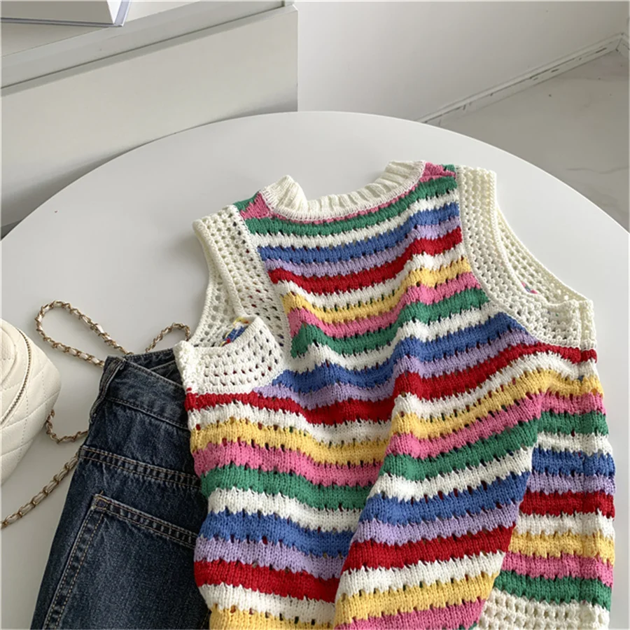 Korean Fashion Crop Sweater Women Vest Striped Casual Sweater Vest O Neck Open Sweater Vest For Women Luxury Designer Tops Knit