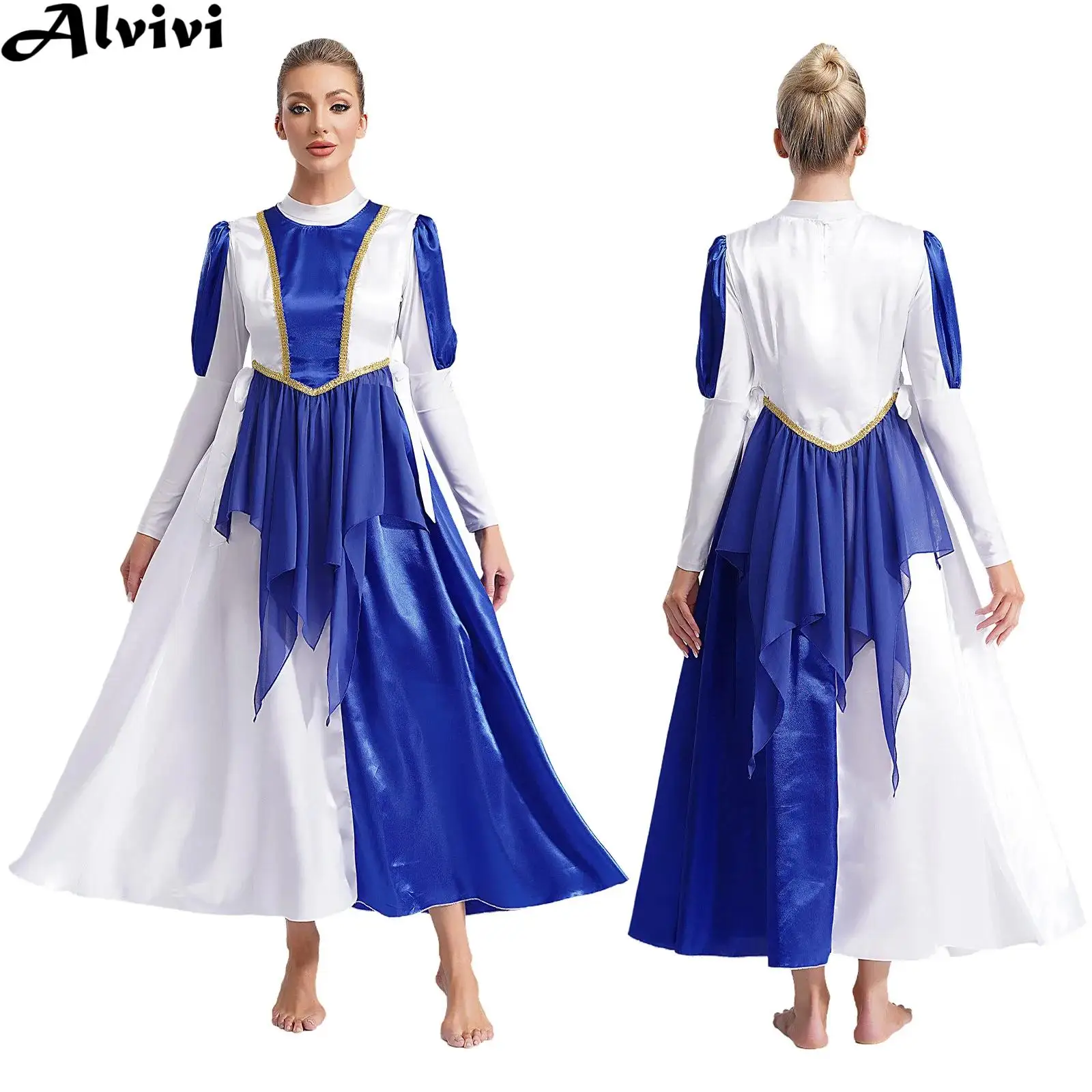 Women Modern Lyrical Praise Dance Dress Long Sleeve Gown with Lace-up Tunic Church Choir Worship Liturgical Performance Costume