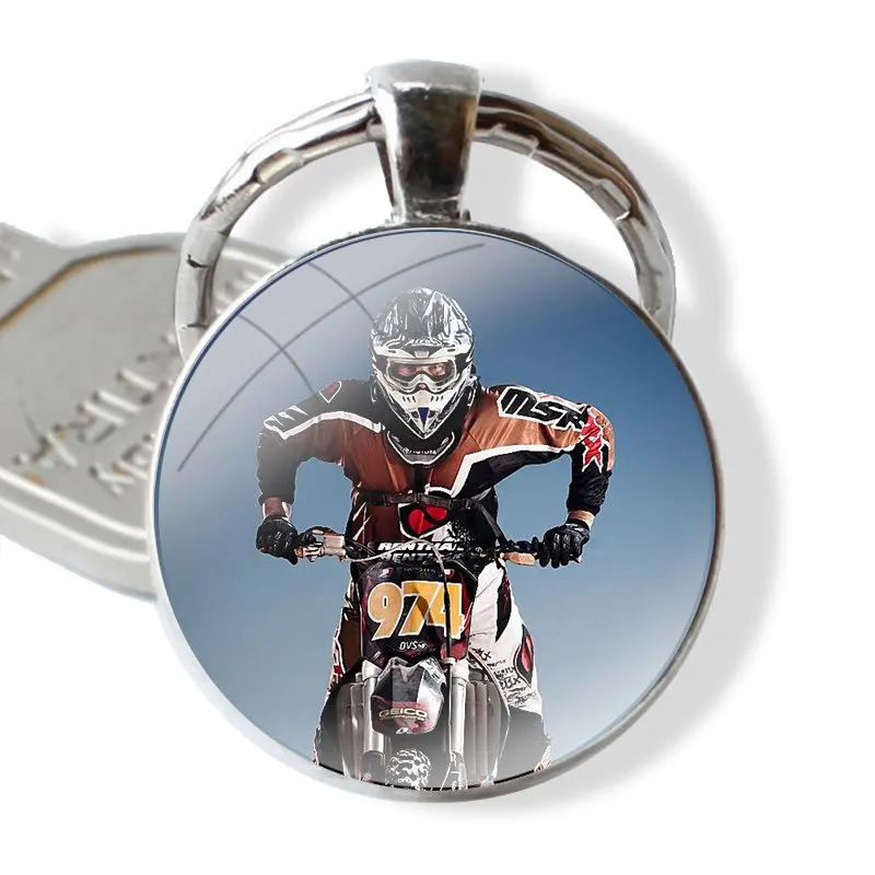 Moto Cross motorcycle sports Keychain Handmade Glass Cabochon Key Ring Holder Pendant Key Chains