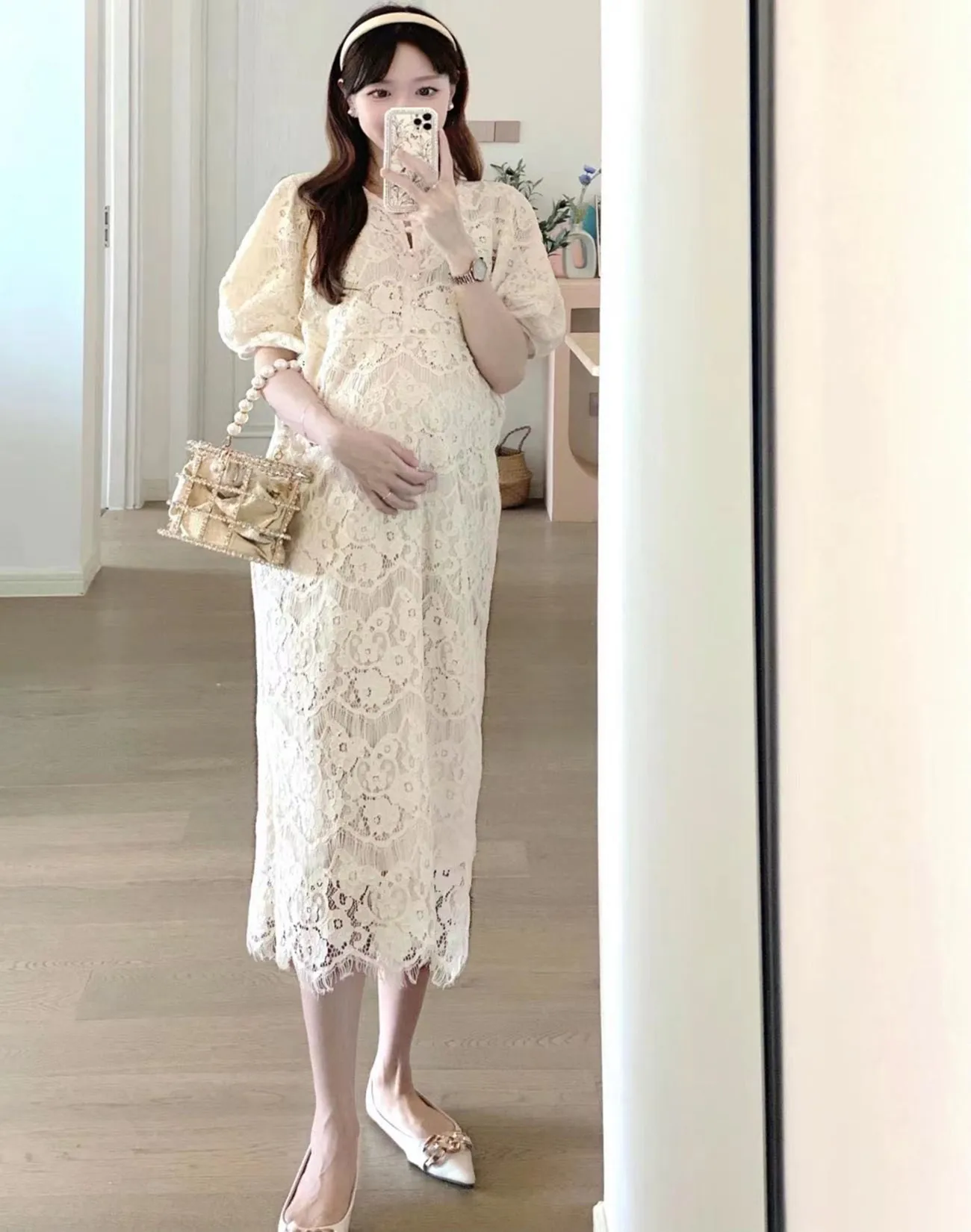 2024 Summer Maternity Lace Dress Sweet Button Fly Good Quality Pregnant Woman Wedding Dress Elegant Pregnancy Party Dress Cute