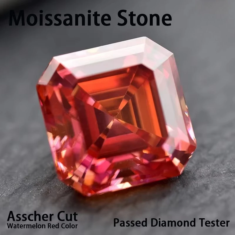 Moissanit-Stein im Asscher-Schliff, Wassermelonenrot, VVS1, DIY-Ring, Halskette, Hauptmaterialien haben den Diamanttester-Test bestanden. – Detail 1