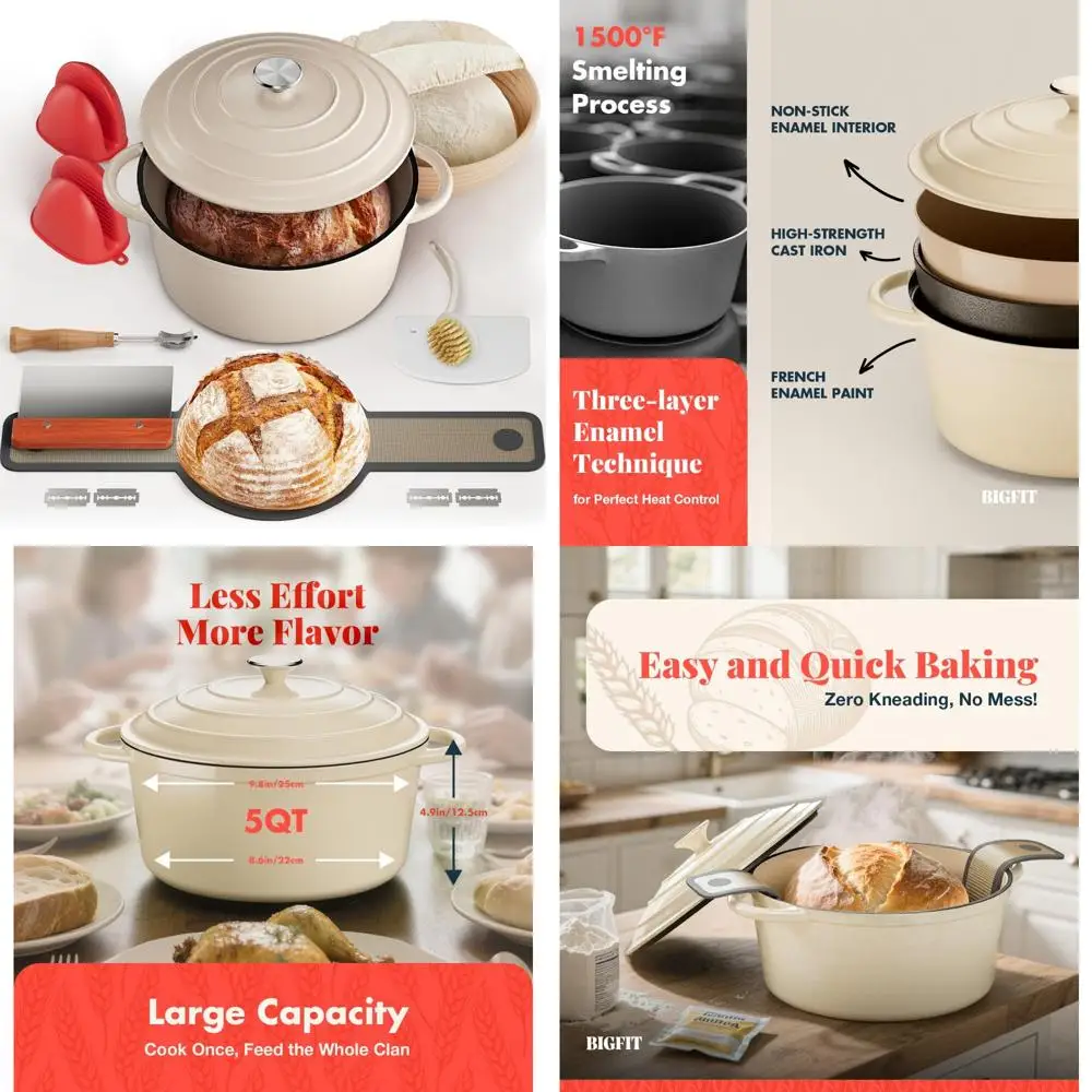 

Cast Iron Dutch Oven for Sourdough Baking, 5 Quart Multi-Functional with Banneton Bread Proofing Basket and Baking Supplies