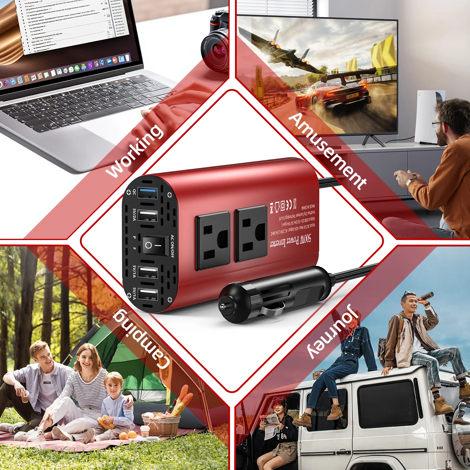 Convertitore a onde modificate da 500 W con presa USA e 4 USB, convertitore portatile per autoveicoli e domestici da DC12V a AC 110 V 60 HZ